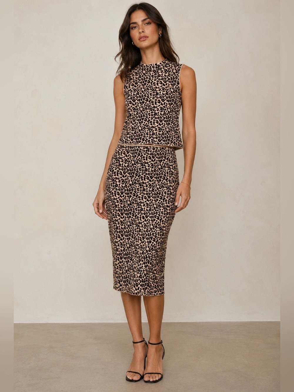 Leopard Print Mock Neck Sleeveless Top W/ Matching Pencil Skirt Set L/XL